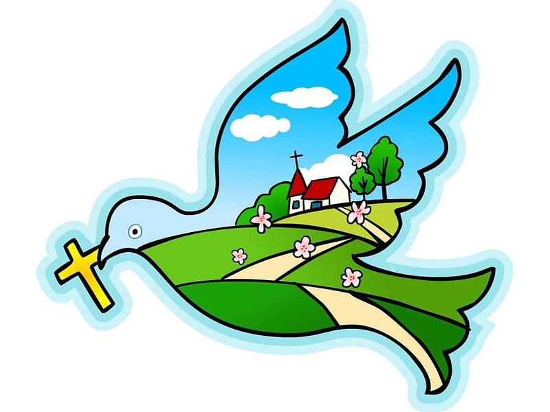 Peace dove, dove, peace, church, cross, field, HD wallpaper