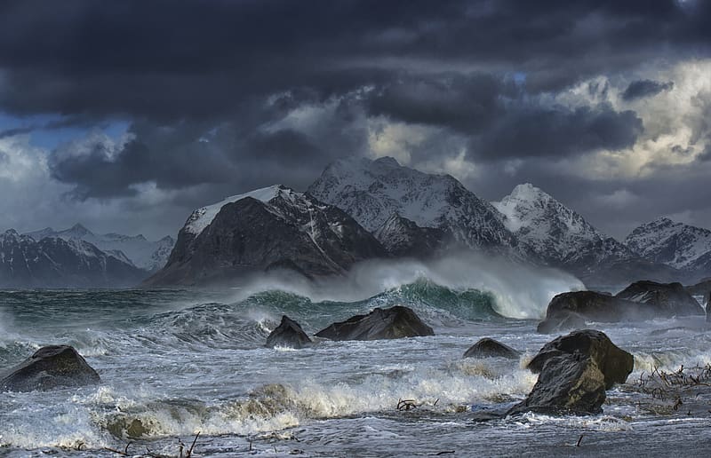 Sea, Mountain, , Norway, Lofoten Islands, Seascape, HD wallpaper