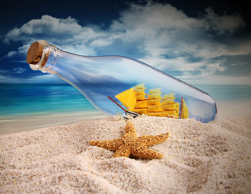 Summer, pretty, oceans, summer time, fish, bottle, yellow, bonito, clouds,  sea, HD wallpaper | Peakpx
