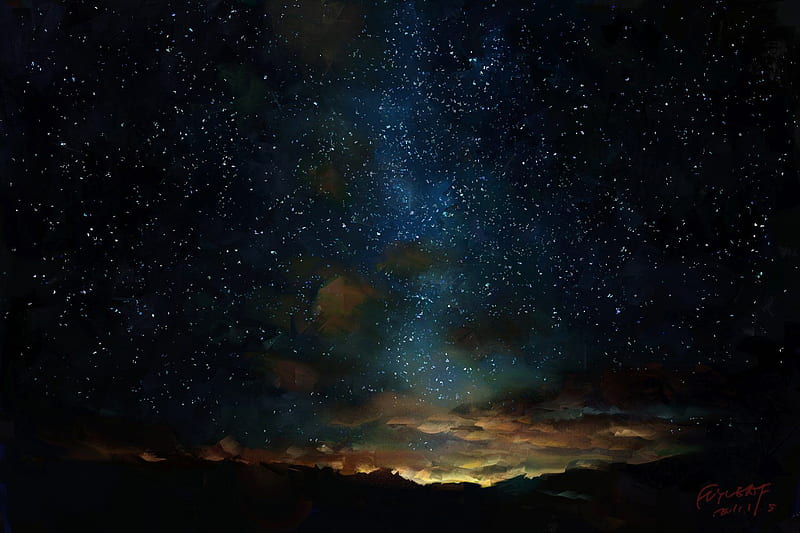 Peak of Dawn, stars, dawn, flyleaf, sunlight, shadow, pixiv id 1520078, clouds, anime, starry sky, HD wallpaper