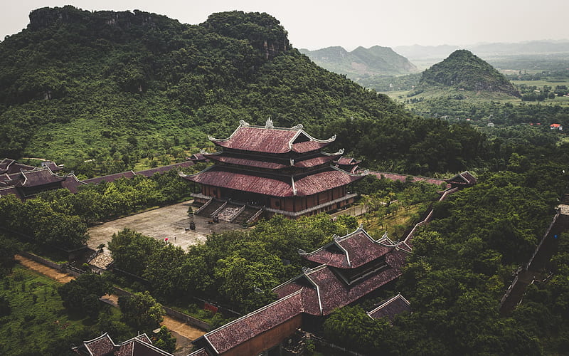 east temple, Buddhism, Vietnam, eastern architecture, mountain landscape, green hills, HD wallpaper