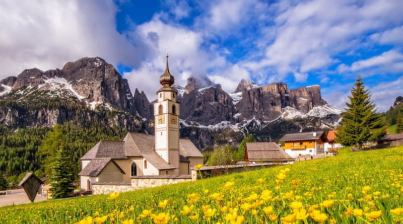 Dolomites, Italy, dolomites, sky, church, Alps, view, grass, Italy, spring, mountain, wildflowers, summer, meadow, HD wallpaper