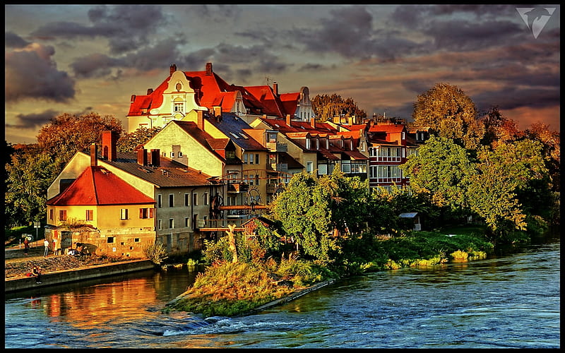 Beautiful Regensburg, houses, people, beauty, waves, Germany, trees, sky, clouds, HD wallpaper