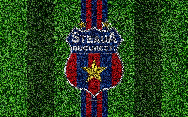 FC Steaua Bucuresti, FCSB logo, football lawn, Romanian football club, blue red lines, grass texture, emblem, Liga I, Bucharest, Romania, football, HD wallpaper