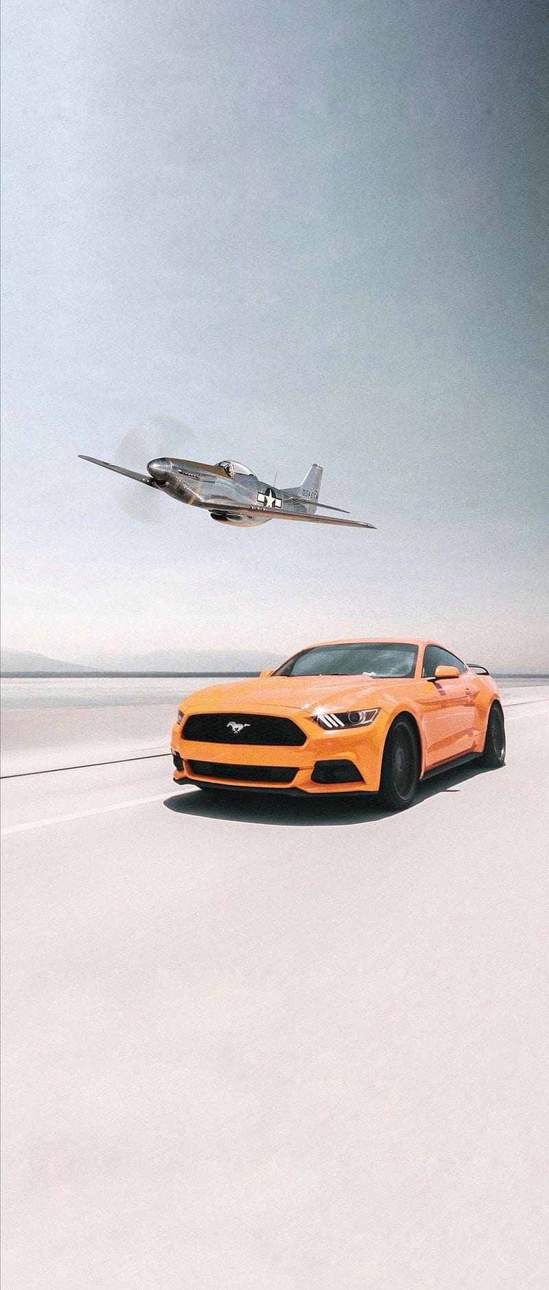 Mustangs, air, car, ford, mustang, orange, p51, plane, worldwar2, ww2, HD phone wallpaper