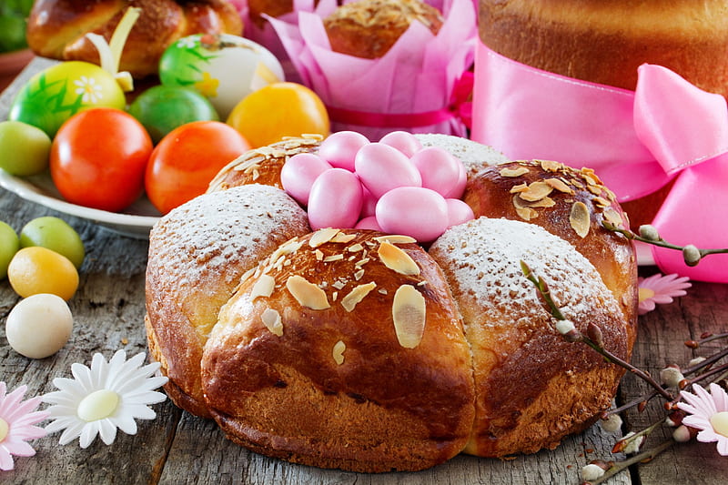 Happy Easter!, cake, red, food, easter, sweet, dessert, card, egg, green, pink, HD wallpaper
