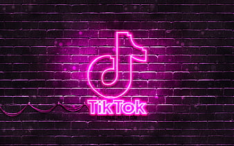 TikTok purple logo purple brickwall, TikTok logo, social networks, TikTok neon logo, TikTok, HD wallpaper