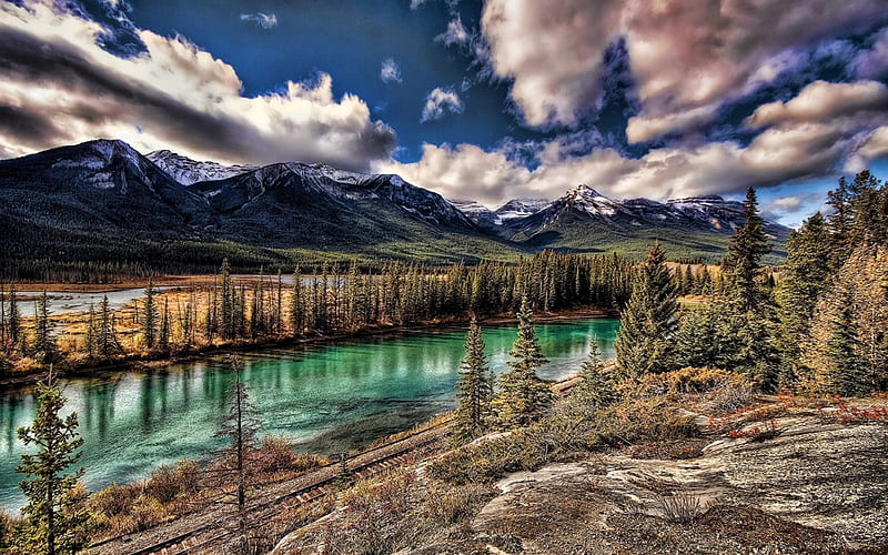 Bow River, Alberta, Canada, water, mountains, trees, clouds, landscape, HD wallpaper