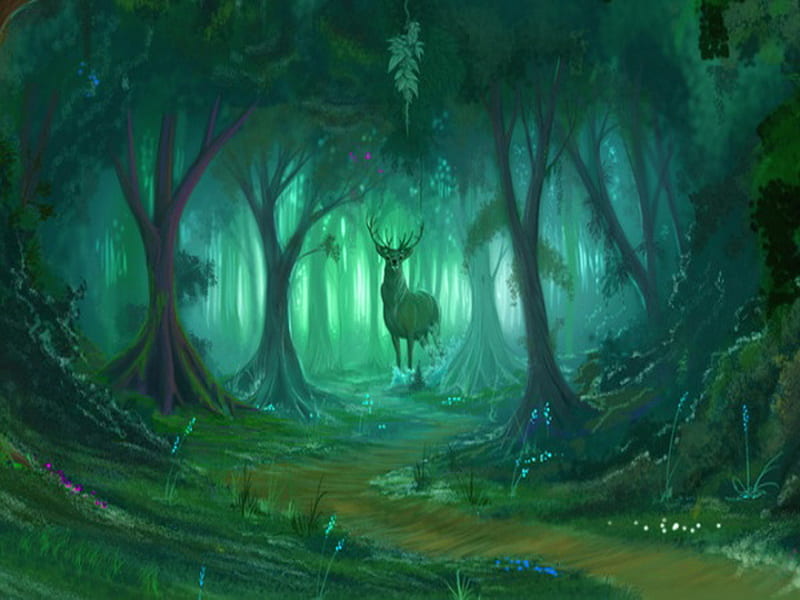 the deep forest guardian, forest, fantasy abstract, night, deer, HD wallpaper