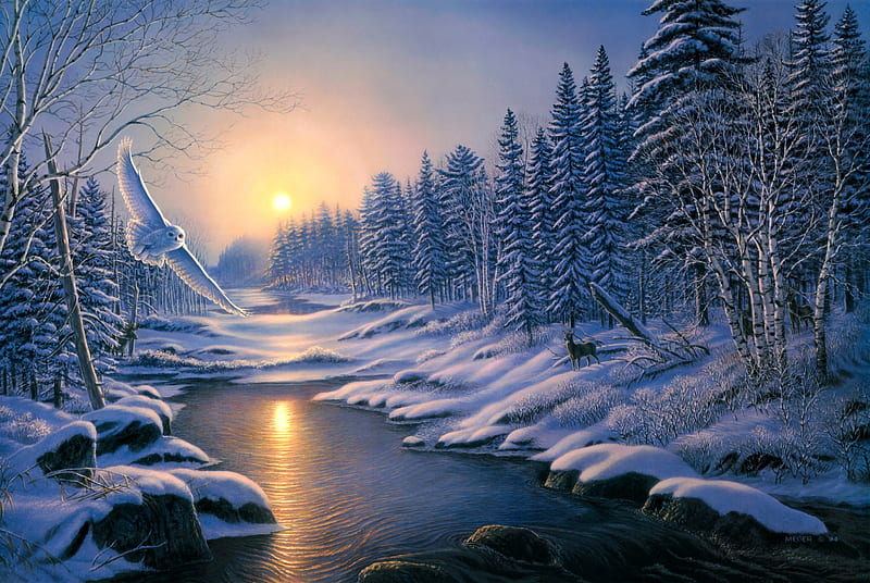 Winter, solstice, owl, forest, birch, sunset, Deer, snow, painting, nature, river, spruce, HD wallpaper