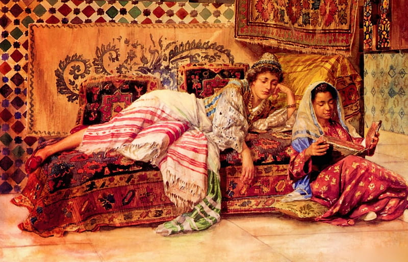 The Reader, pretty, art, female, harem, odalisque, bonito, woman, 19th century, fantasy, girl, painting, digital, orientalism, HD wallpaper