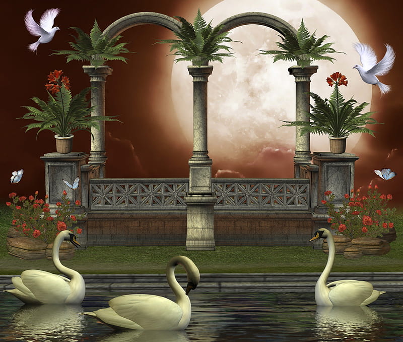 ✼Romantic in Medieval Structure✼, pretty, wonderful, grass, premade BG, bonito, adorable, the rest elements, doves, structure, butterfly, stock , exterior, flowers, light, animals, moons, wings, lovely, colors, birds, butterflies, roses, swans, pond, cute, water, cool, medieval, plants, garden, backgrounds, HD wallpaper