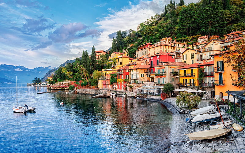 Lake Como, mountain lake, Europe, coast, mountain landscape, Milan, Lombardy, Italy, HD wallpaper