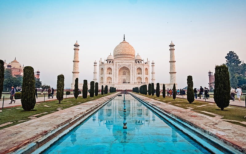 Taj Mahal, Agra, mausoleum mosque, landmark, India, fountains, HD wallpaper