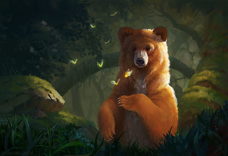 A bear named Mishka, forest, mishka, art, luminos, silly, bear, animal, fantasy, butterfly, leesha hannigan, HD wallpaper