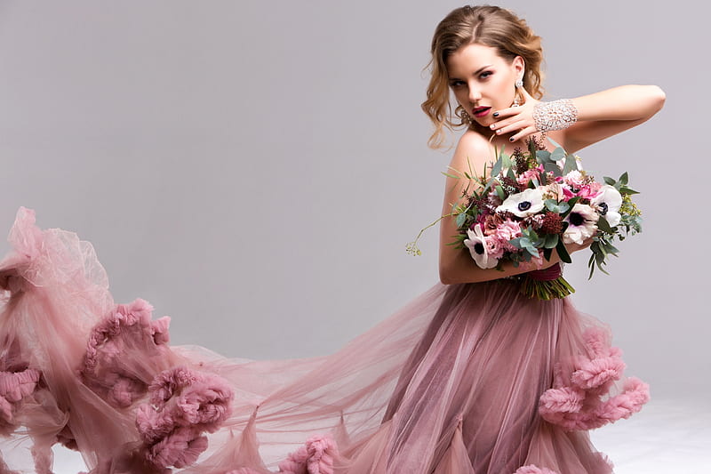 Beauty, dress, girl, model, bouquet, flower, woman, pink, anemone, HD wallpaper