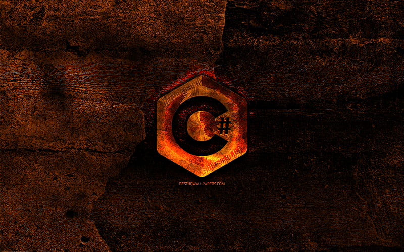 C Sharp fiery logo, programming language, orange stone background, creative, C Sharp logo, programming language signs, C Sharp, HD wallpaper