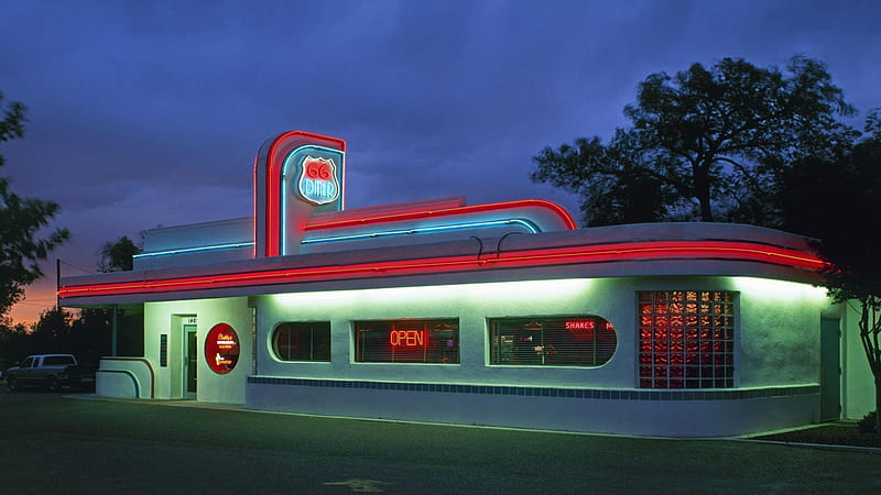 diner on route 66 in california, dusk, neon, diner, lights, HD wallpaper