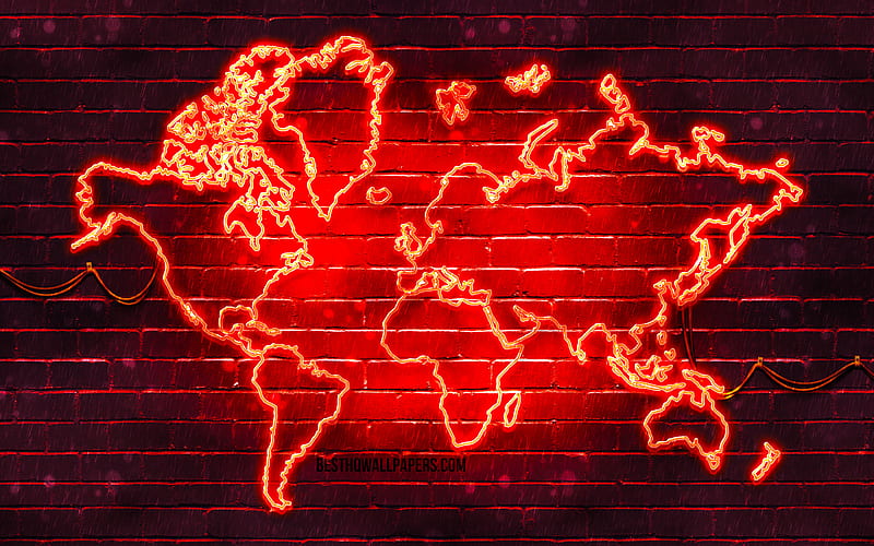 Red neon World Map red brickwall, World Map Concept, Red World Map, World Maps, HD wallpaper