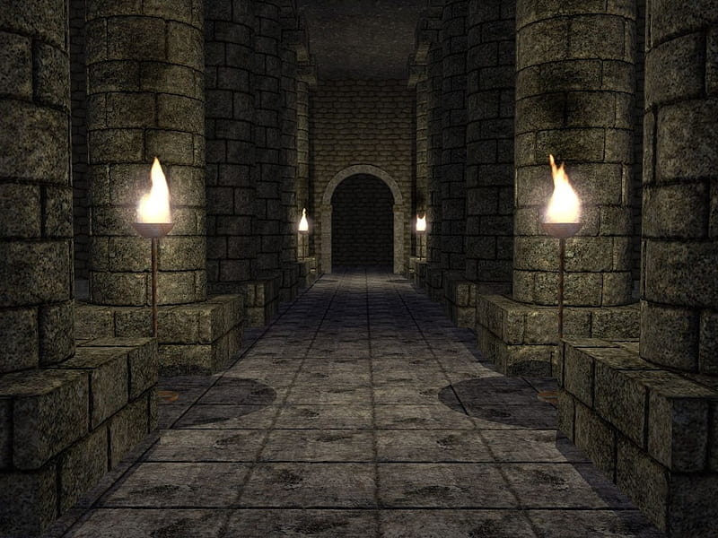 Castle Hall, architecture, torches, stone, castle hallway, dark, HD wallpaper