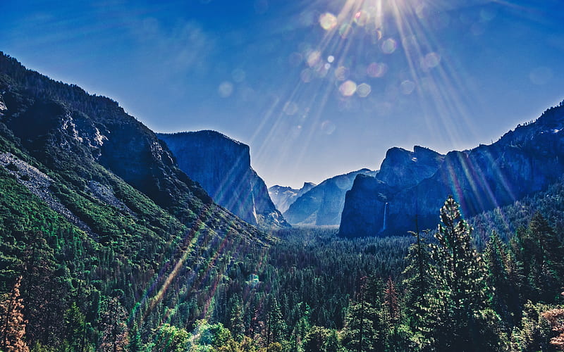 Yosemite Valley, R, summer, american landmarks, mountains, Yosemite National Park, forest, Sierra Nevada, America, USA, HD wallpaper