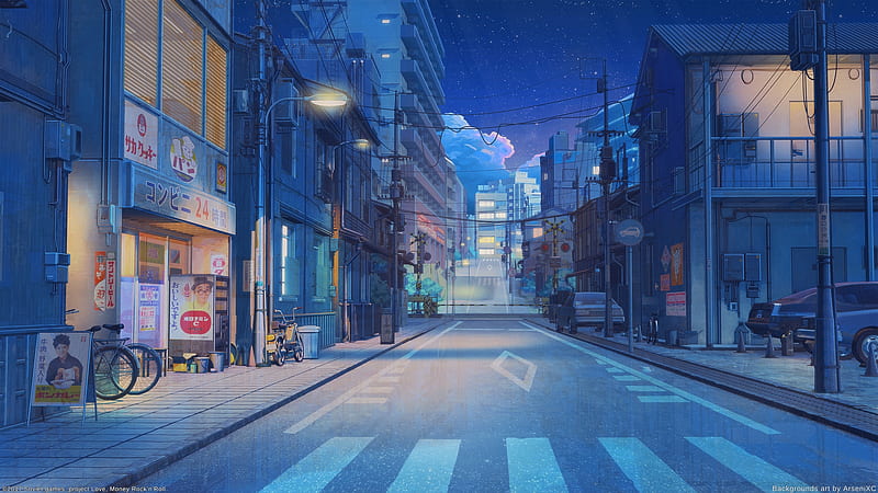 Anime street, road, buildings, scenery, night, stars, Anime, HD wallpaper