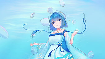 Noyu, profile, blue hair, blue eyes, shoulder length hair, looking away,  portrait display, anime girls, hair ornament, water, fish, fishbowls,  jellyfish, clownfish, starfish, sea anemones, bubbles, coral, seaweed, dark  background, stars, simple