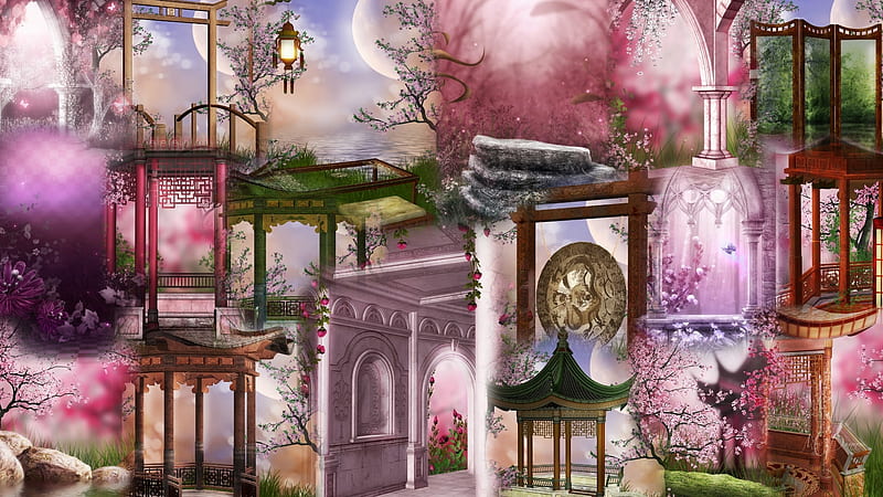 Asian Collage, lantern, collage, pagodas, pink, Asian, light, Firefox theme, sakura, far east, Oriental, HD wallpaper