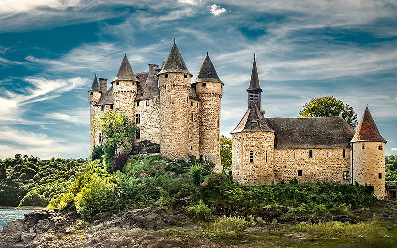 Castle of Val, Lanobre, France, france, sky, medieval, castle, HD wallpaper