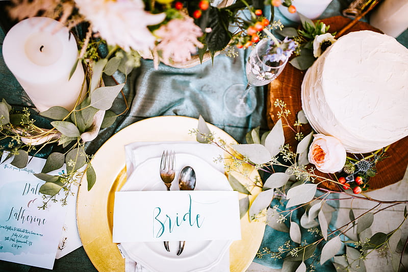 bride dinnerware set on table, HD wallpaper