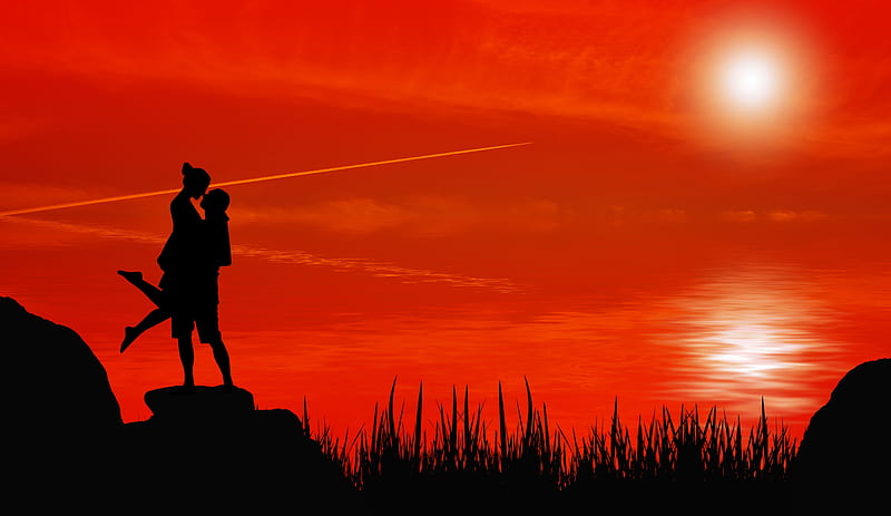silhouettes, couple, kiss, passion, HD wallpaper