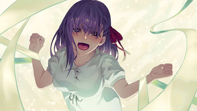 matou sakura, fate stay night, purple hair, ribbon, Anime, HD wallpaper