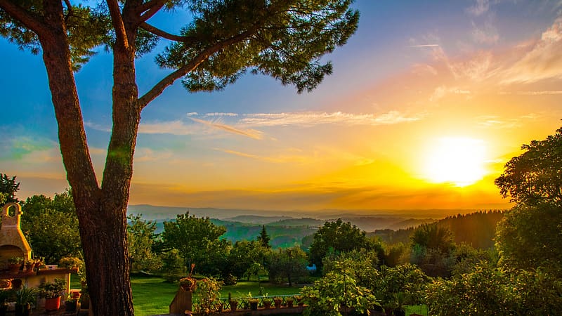 Sunset in Tuscany, Italy, colors, landscape, sky, sun, trees, HD wallpaper