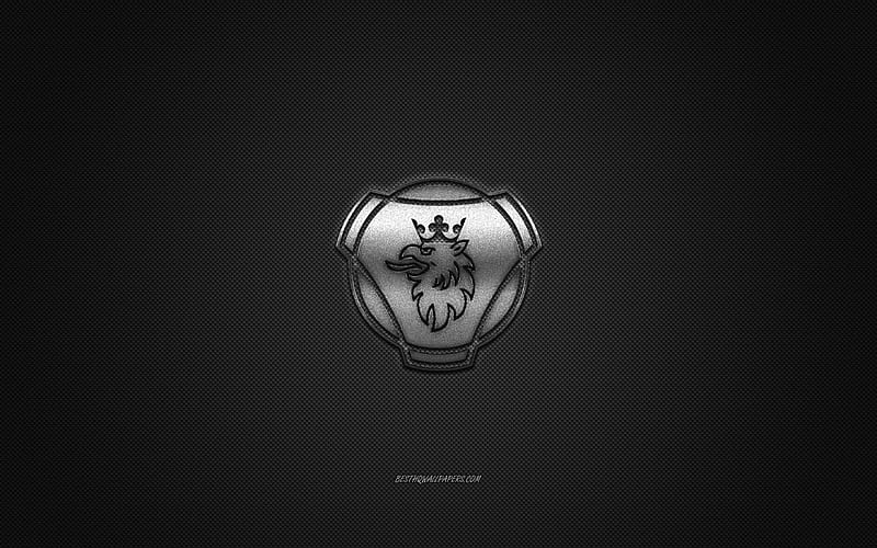 Scania logo, silver logo, gray carbon fiber background, Scania metal emblem, Scania, cars brands, creative art, HD wallpaper