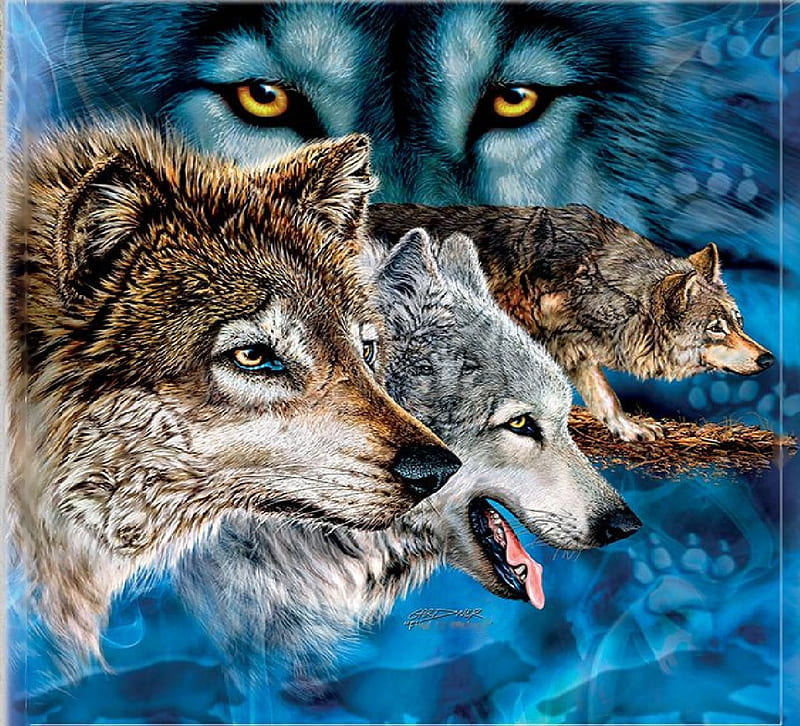 Wolves, heads, predators, wolfpack, painting, eyes, HD wallpaper | Peakpx
