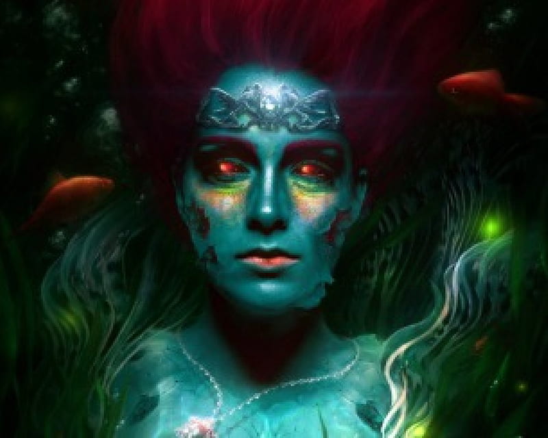 Mermaid, fishes, mermaisd, face, red hair, blue, red eyes, HD wallpaper