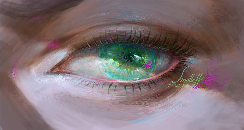 Eye by Smoll Eff, eye, art, fantasy, green, luminos, smoll ell, pink, HD wallpaper