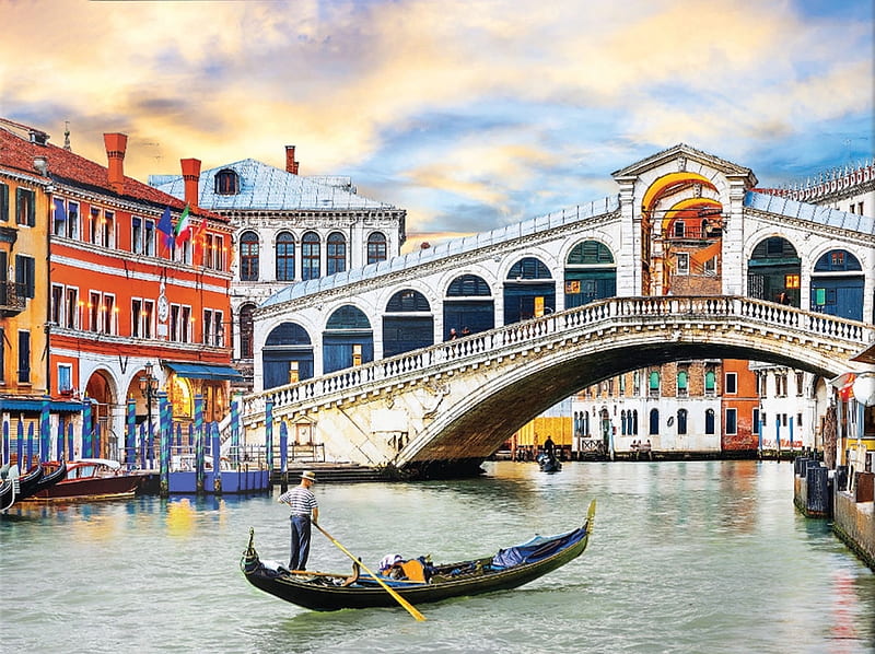 Rialto Bridge, water, bridge, canal, venice, gondola, italy, HD wallpaper