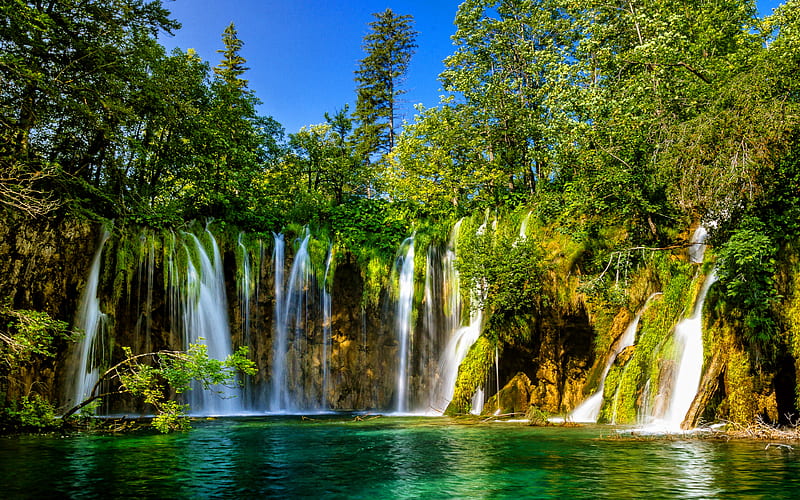 Plitvice Lakes National Park waterfalls, forest, beautiful nature, pathway, R, Croatian landmarks, Croatian nature, Europe, Croatia, HD wallpaper