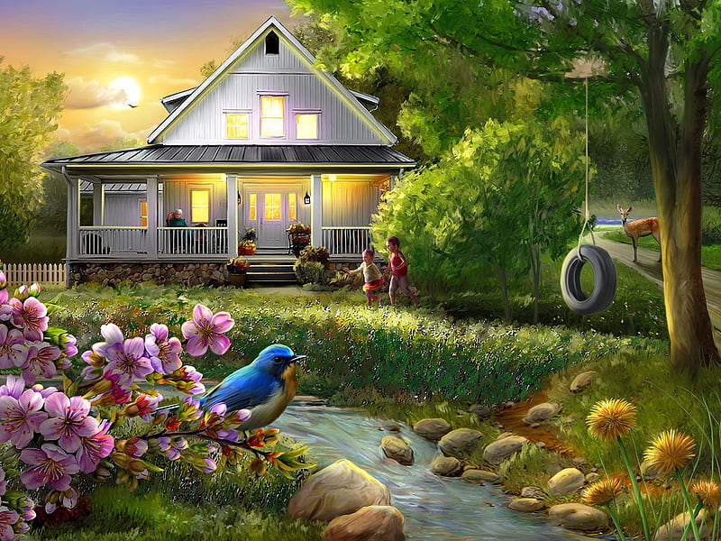 Summer evening, play, art, house, cottage, children, creek, bonito, countryside, painting, peaceful, summer, flowers, evening, kids, HD wallpaper