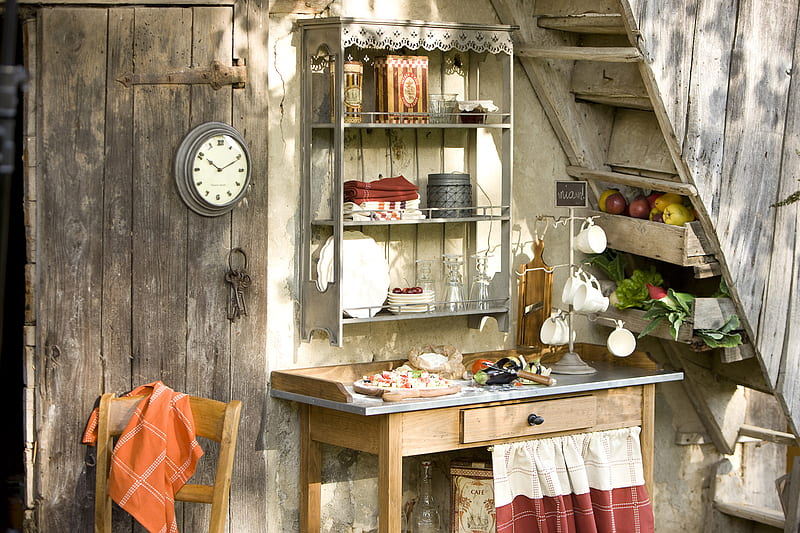 Roughing It Country Style, table, cutting board, shack, veggies, shelf, stairs, clock, towels, country, fruit, chair, plates odds and ends, cups, HD wallpaper