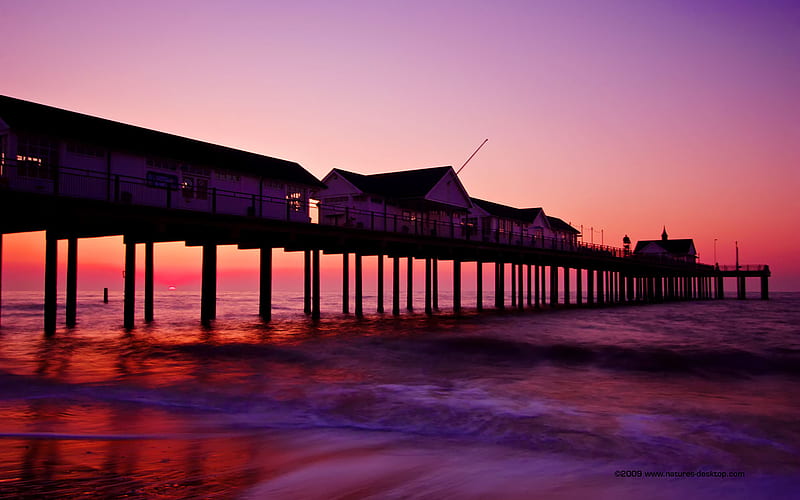 Village Pier, red, purple, ocean, pier, village, nature, sunrise, sunset, HD wallpaper