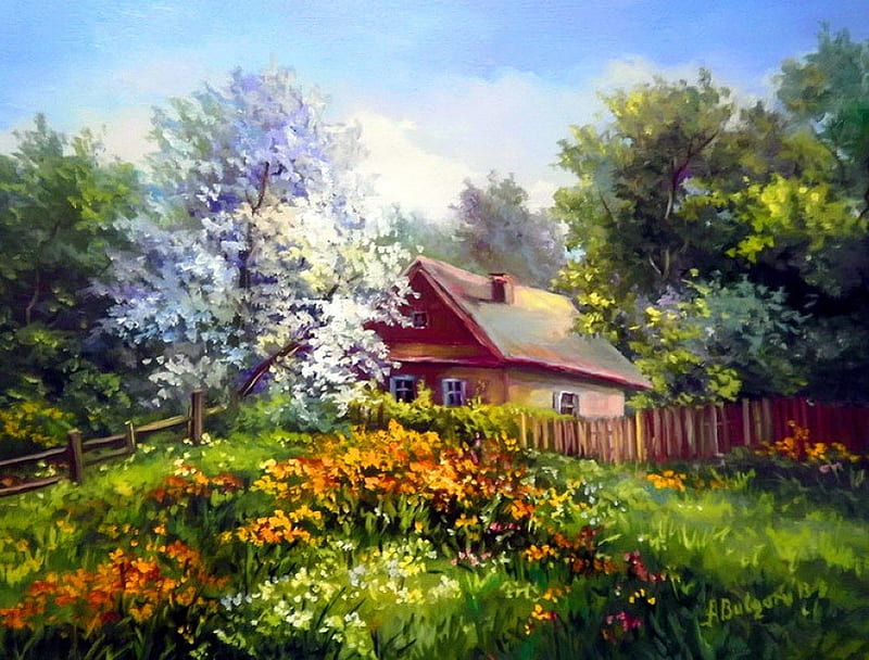 Spring countryside, pretty, house, bonito, countryside, nice, calm, painting, village, flowers, art, quiet, lovely, spring, sky, trees, yard, serenity, paradise, blossoms, flowering, nature, blooming, HD wallpaper