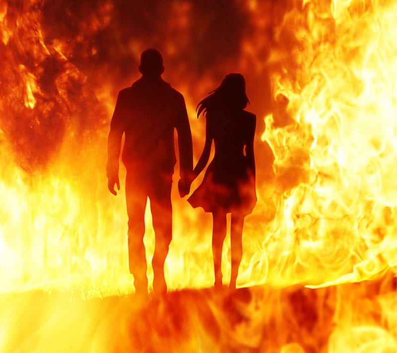 Together Forever, couple, fire, holding hands, i love you, love, HD wallpaper