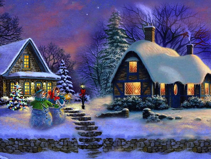 Snow on Christmas Eve, smoking chimney, christmas, houses, trees, lights, winter, cold, snow, snowman and woman, frost, HD wallpaper