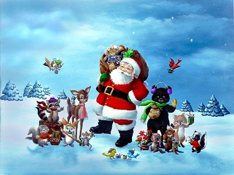 Santa Claus, red, holidays, christmas, x-mas, xmas, winter, cold, santa, merry christmas, love, feast, penny parker, animals, blue, HD wallpaper