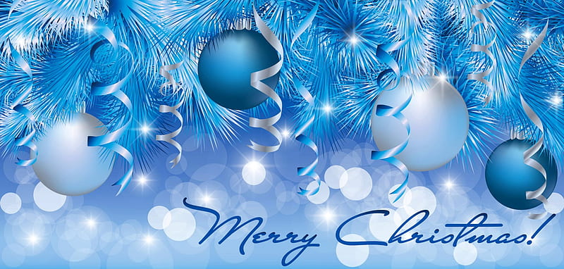 Merry Christmas panorama, christmas, holiday, decoration, background, new year, panorama, merry, balls, wishes, branches, blue, HD wallpaper