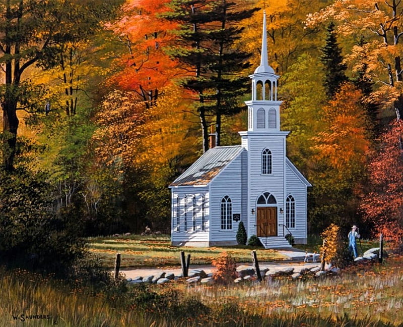 Church in New England, colors, forest, autumn, trees, HD wallpaper