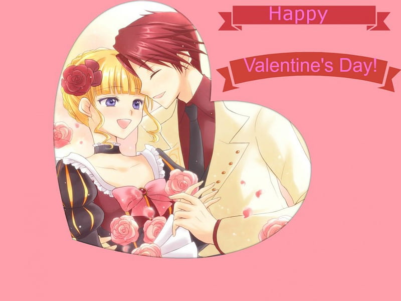 Happy Valentine's day!, red, rose, manga, yellow, man, cehenot, boy, girl, anime, love, heart, flower, pink, couple, HD wallpaper