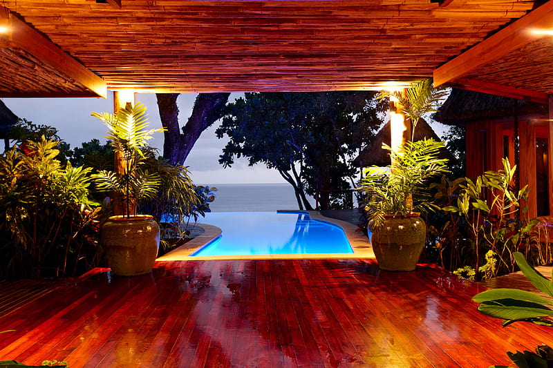 gorgeous pool, tree, wooden floor, pool, sea, HD wallpaper